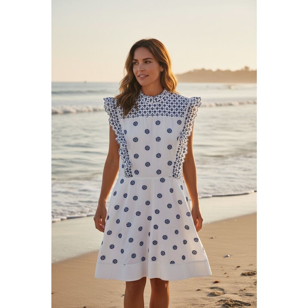 Chloe Sundress Womens 4 36 Small Flower Dot Broderie‎ Anglaise White Blue Ruffle